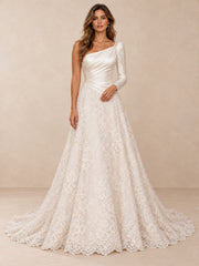 One-Shoulder Satin and Lace A-Line Wedding Dress with Long Sleeve