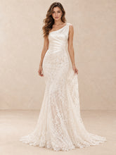 One-Shoulder Satin and Lace Trumpet Wedding Dress with Sweep Train