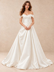 Pearl-Accent Off-the-Shoulder Mikado Satin Wedding Dress with Sweep Train