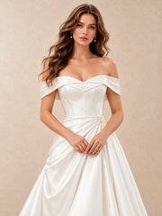 Pearl-Accent Off-the-Shoulder Mikado Satin Wedding Dress with Sweep Train