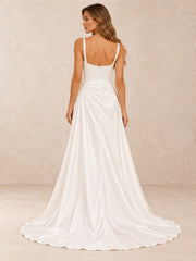 Pearl-Accent Square-Neck Satin Sheath Wedding Dress with Side Slit