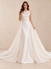 Pearl-Accented Satin Bateau A-Line Wedding Dress with Side Drapes