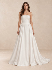 Pearl-Accented Strapless Satin Wedding Dress With Sweep Train
