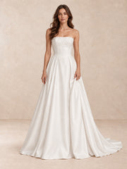 Pearl-Accented Strapless Satin Wedding Dress With Sweep Train