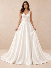 Pearl-Accented V-Neck Satin Sleeveless A-Line Wedding Dress