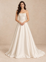 Pearl-Beaded Satin A-Line Wedding Dress with Sweep Train