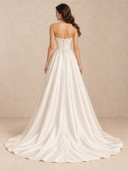 Pearl-Beaded Satin A-Line Wedding Dress with Sweep Train