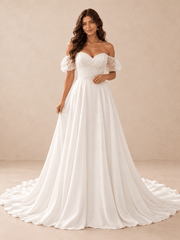 Pearl-Beaded Sweetheart A-Line Wedding Dress with Sheer Puff Sleeves