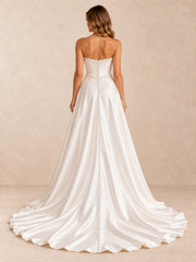 Pearl-Embellished Strapless Satin High-Low Wedding Dress with Sweep Train
