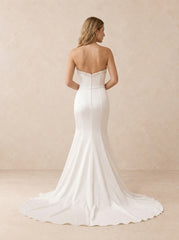 Pearl-Embellished Strapless Satin Mermaid Wedding Dress with Court Train