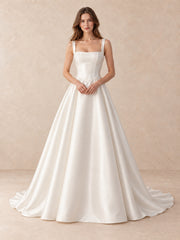Pearl-Trim Square-Neck Satin Wedding Dress with Sweep Train