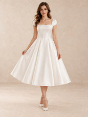 Pearl-Trim Square-Neck Satin Tea-Length Wedding Dress with Cap Sleeves