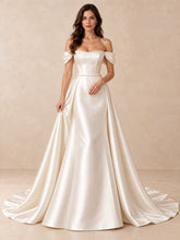 Pearl-Trimmed Off-the-Shoulder Satin A-Line Wedding Dress with Sweep Train