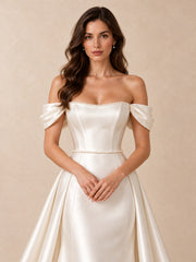 Pearl-Trimmed Off-the-Shoulder Satin A-Line Wedding Dress with Sweep Train