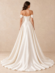 Pearl-Trimmed Off-the-Shoulder Satin A-Line Wedding Dress with Sweep Train