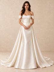 Pearl-Trimmed Off-the-Shoulder Satin A-Line Wedding Dress with Sweep Train