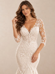 Romantic Lace Mermaid Wedding Dress with V-Neck and 3/4 Sleeves