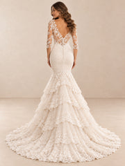 Romantic Lace Mermaid Wedding Dress with V-Neck and 3/4 Sleeves