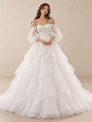 Romantic Off-the-Shoulder Floral Tulle Ball Gown Wedding Dress