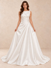 Satin A-Line Wedding Dress with Draped Bateau Bodice and Sweep Train