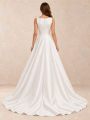 Satin A-Line Wedding Dress with Draped Bateau Bodice and Sweep Train