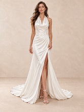 Satin Cowl Neck Halter Wedding Dress with High Slit and Sweep Train