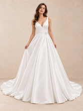 Satin Deep V-Neck A-Line Sleeveless Wedding Dress with Sweep Train