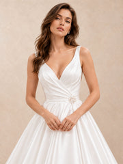 Satin Deep V-Neck A-Line Sleeveless Wedding Dress with Sweep Train