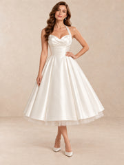Satin Halter Tea-Length Wedding Dress with Ruched Sweetheart Bodice