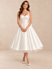 Satin Halter Tea-Length Wedding Dress with Ruched Sweetheart Bodice