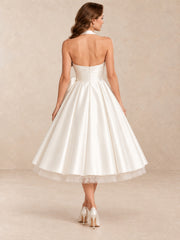 Satin Halter Tea-Length Wedding Dress with Ruched Sweetheart Bodice
