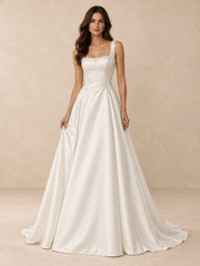 Satin Square Neckline A-Line Wedding Dress with Sweep Train