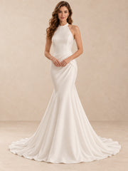 Sculpted Halter Neck Satin Crepe Mermaid Wedding Dress with Open Back
