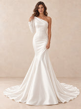 Sculpted One-Shoulder Satin Mermaid Wedding Dress with Pearl Accents