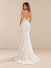 Spaghetti Straps Lace Mermaid V-Neck Wedding Dress with Scalloped Lace Train