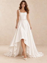 Square-Neck Satin High-Low Wedding Dress with Beaded Waist