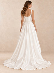Square-Neck Satin High-Low Wedding Dress with Beaded Waist