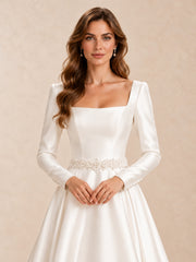 Square-Neck Satin Wedding Dress with Long Sleeves & Pearl Waist