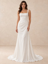 Square-Neck Satin Wedding Dress with Pearl Accents and Sweep Train