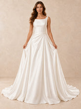 Square-Neck Satin Wedding Dress with Pearl Waist Accent and Sweep Train