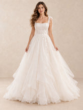 Square Neck Bow Strap Floral Applique Wedding Dress with Layered Tulle