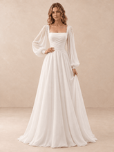 Square Neck Draped Satin A-Line Wedding Dress with Chiffon Sleeves