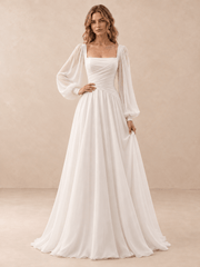 Square Neck Draped Satin A-Line Wedding Dress with Chiffon Sleeves