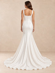 Square Neck Mermaid Satin Wedding Dress with Sweep Train