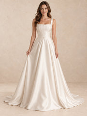 Square Neck Mikado A-Line Wedding Dress with Covered-Button Back