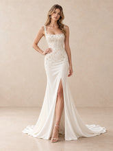 Square Neck Pearl Beaded Satin Sheath Wedding Dress with Front Slit