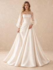 Square Neck Satin A-Line Wedding Dress with Sheer Puff Sleeves