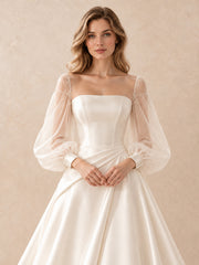 Square Neck Satin A-Line Wedding Dress with Sheer Puff Sleeves