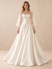 Square Neck Satin A-Line Wedding Dress with Sheer Puff Sleeves