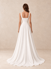 Square Neck Satin Crepe A-Line Wedding Dress with Side Slit